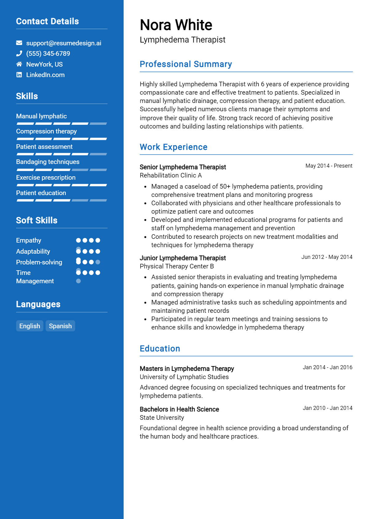 Lymphedema Therapist Resume Example