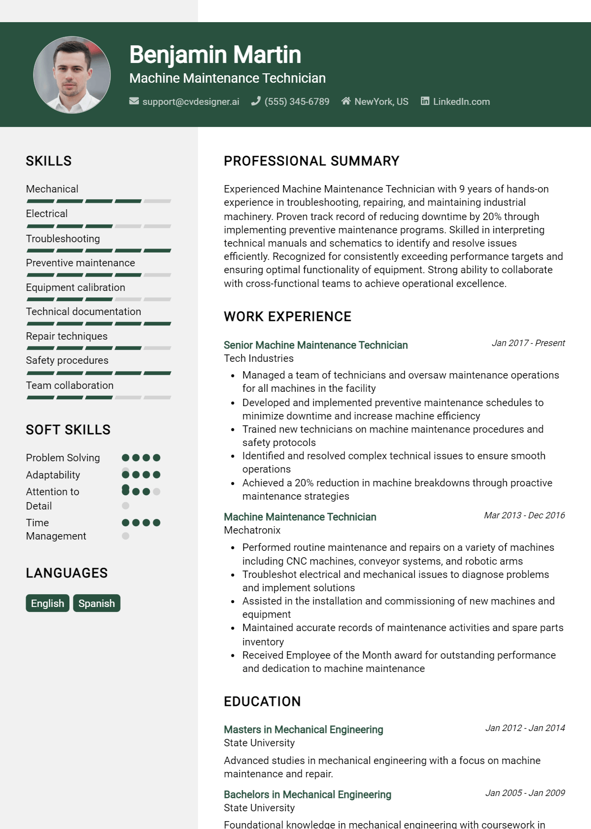 Machine Maintenance Technician Resume Example