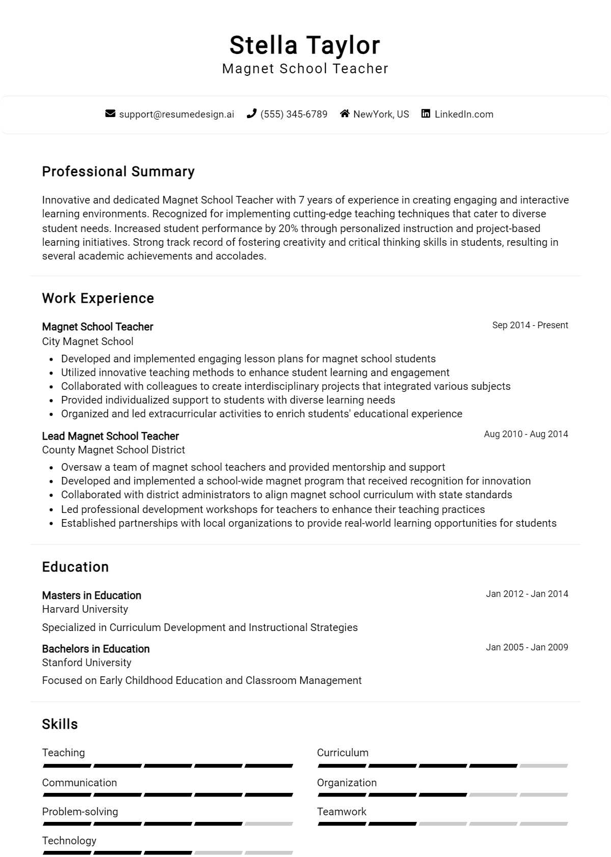 Magnet School Teacher Resume Example