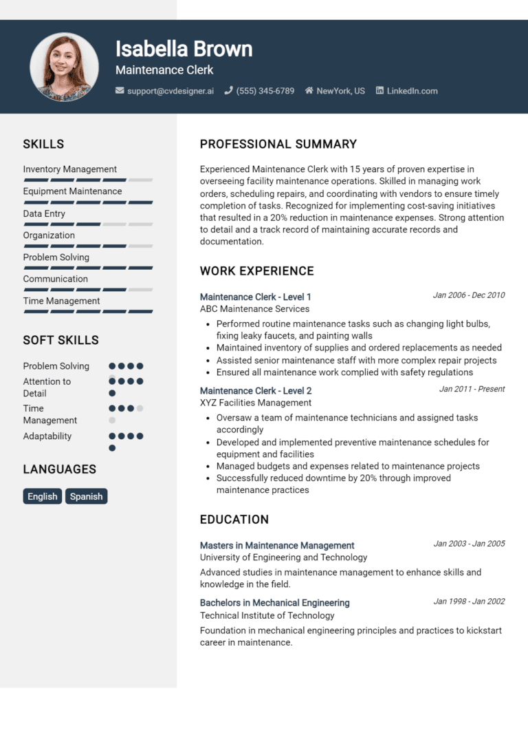 25 Maintenance Clerk Resume Examples And Templates for 2025