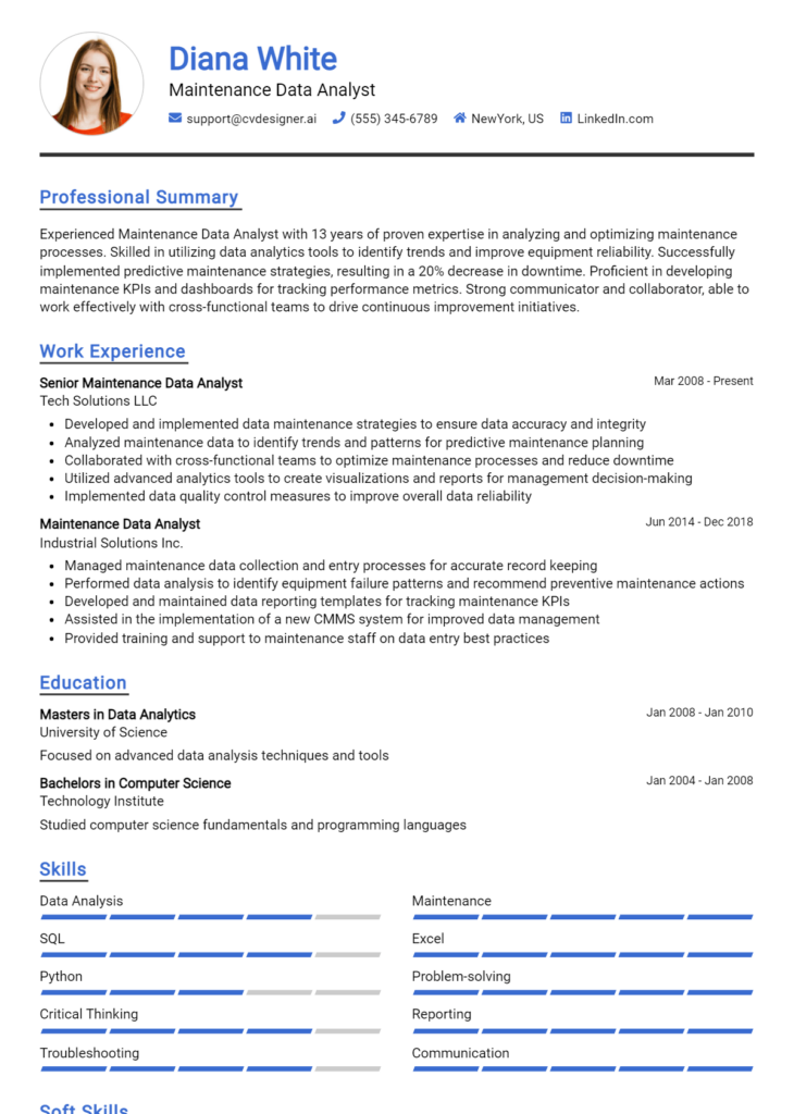 Maintenance Data Analyst Resume Example