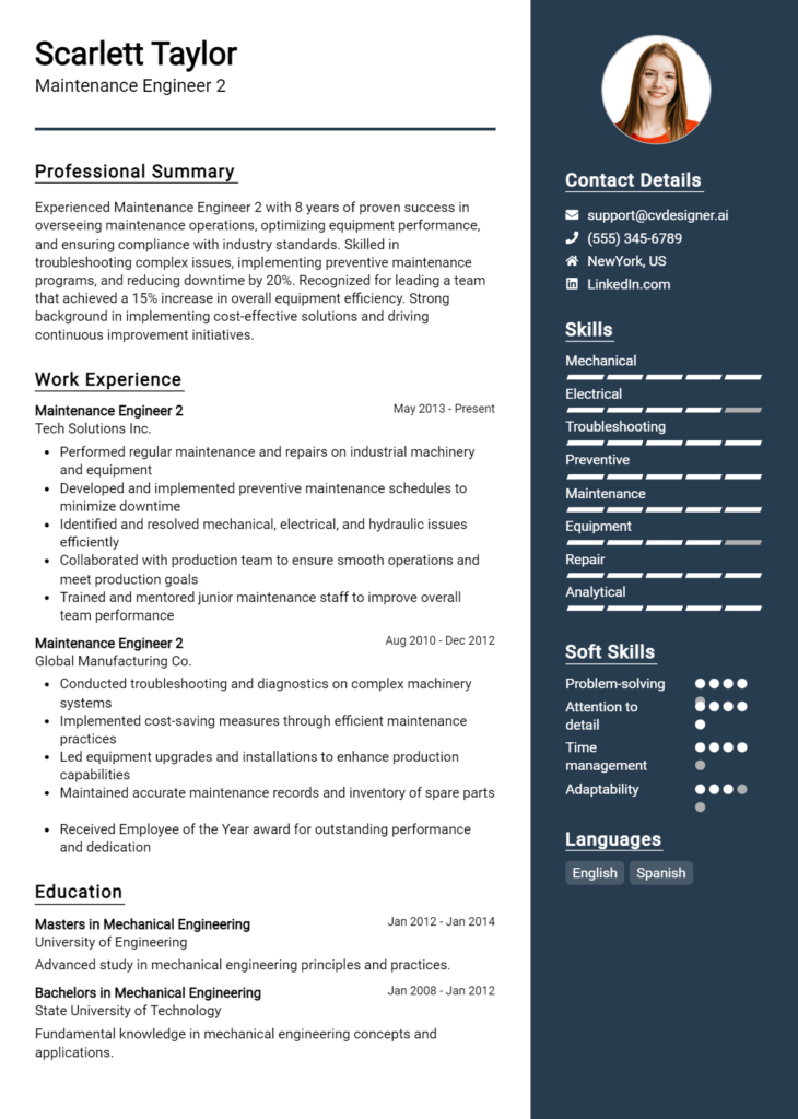 Maintenance Engineer 2 Resume Example