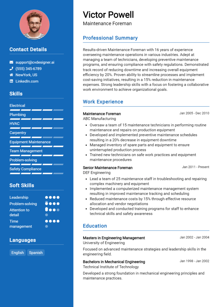 Maintenance Foreman Resume Example