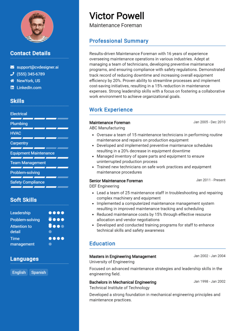 25 Maintenance Manager Resume Examples - Maintenance Foreman Resume Example 768x1078 
