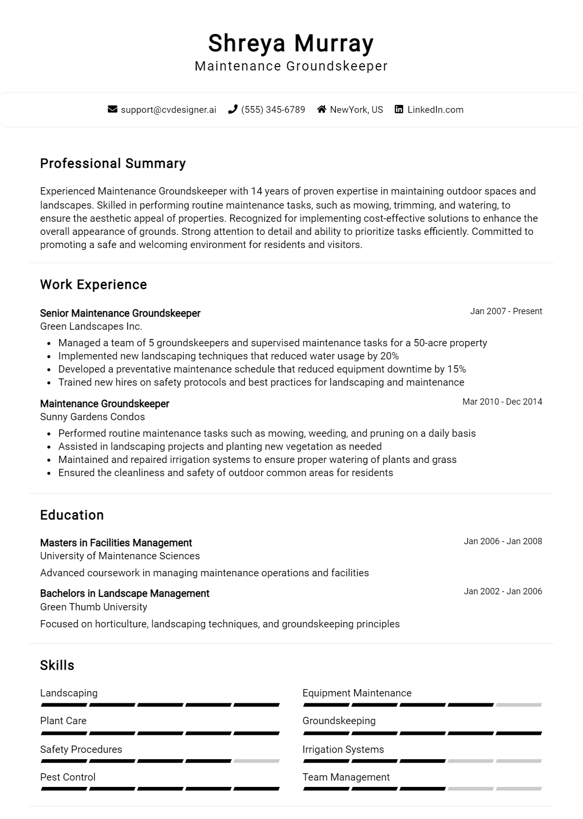 Maintenance Groundskeeper Resume Example