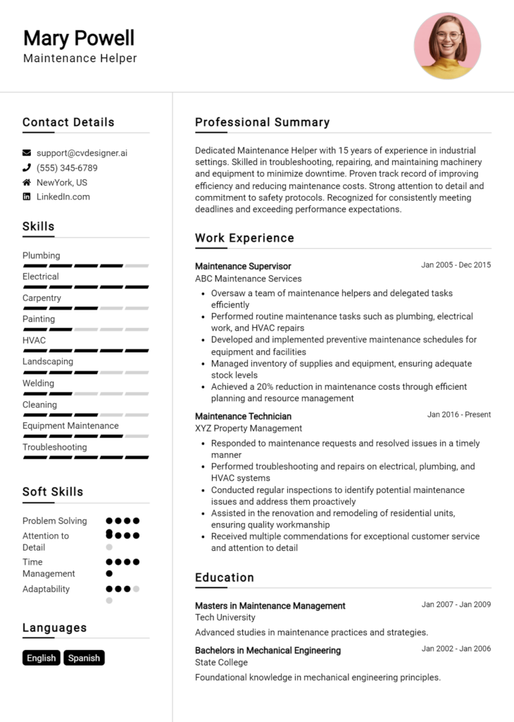 Maintenance Helper Resume Example