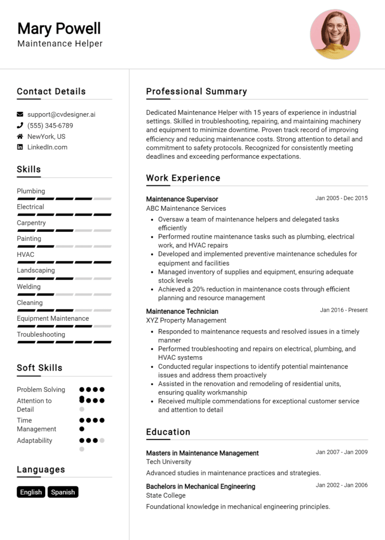 25 Maintenance Helper Resume Examples And Templates for 2025