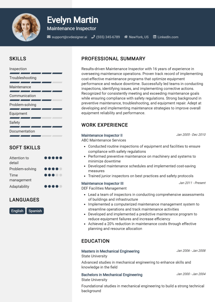 Maintenance Inspector Resume Example