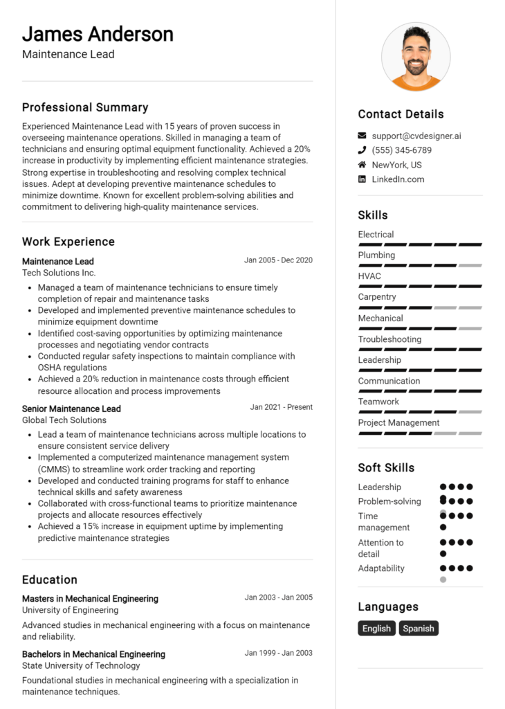 Maintenance Lead Resume Example