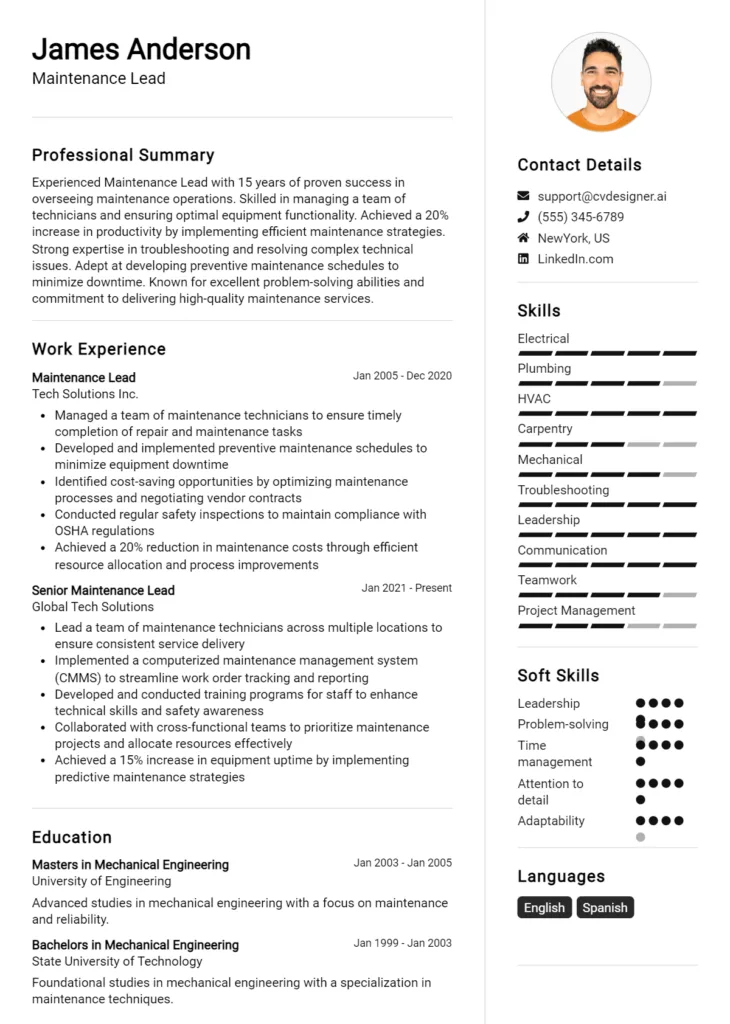 Maintenance Lead Resume Example