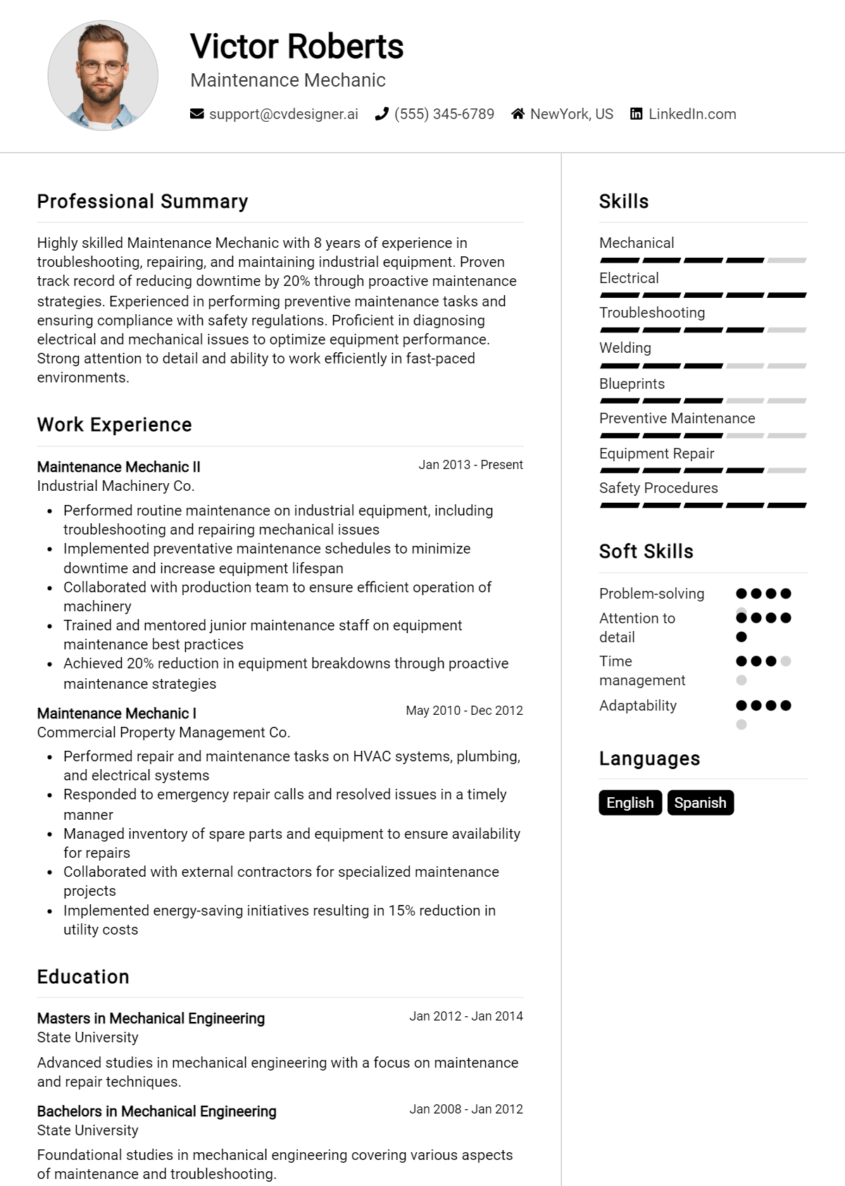 Maintenance Mechanic Resume Example