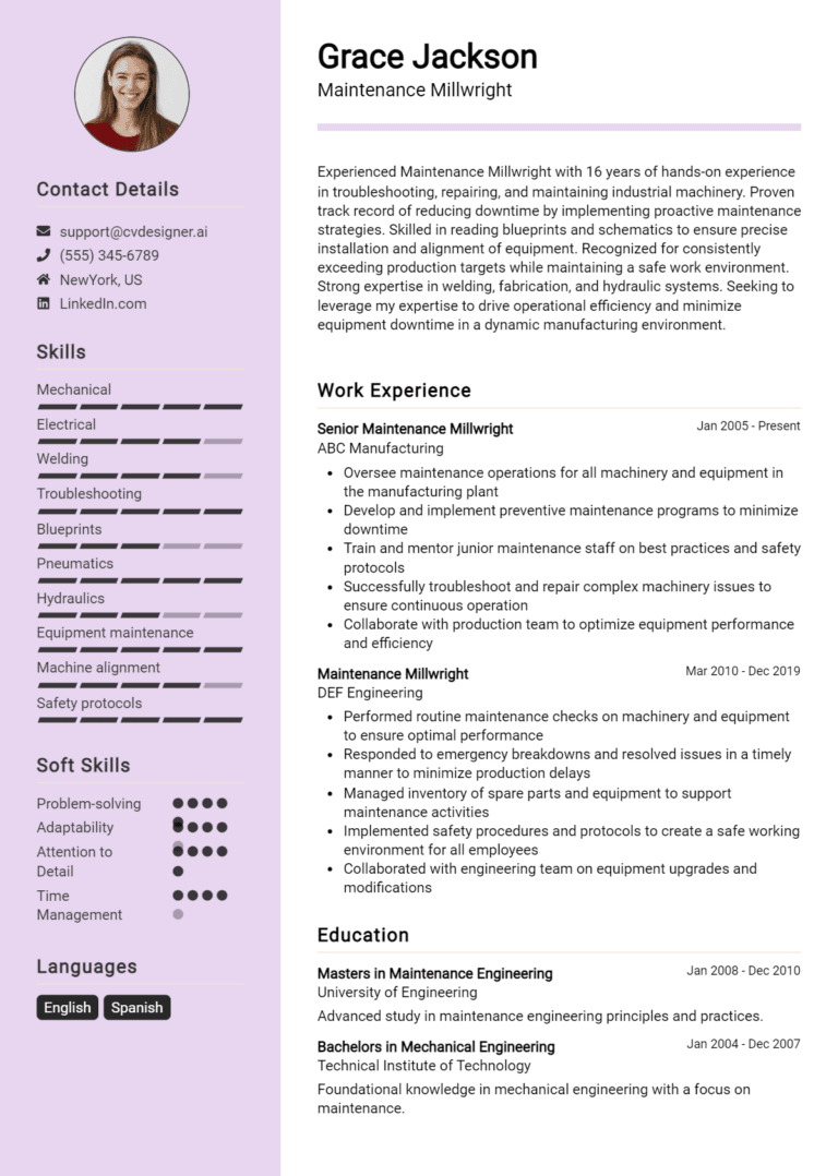 21 Maintenance Millwright Resume Examples And Templates for 2025: Best Tips