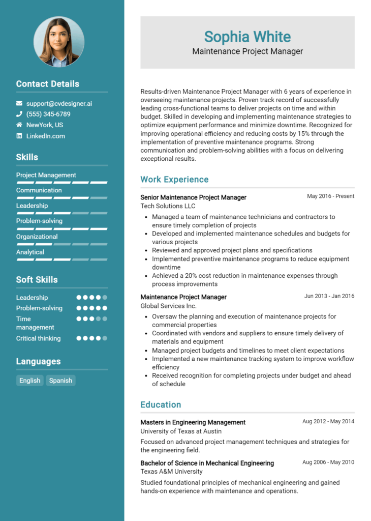 Maintenance Project Manager Resume Example