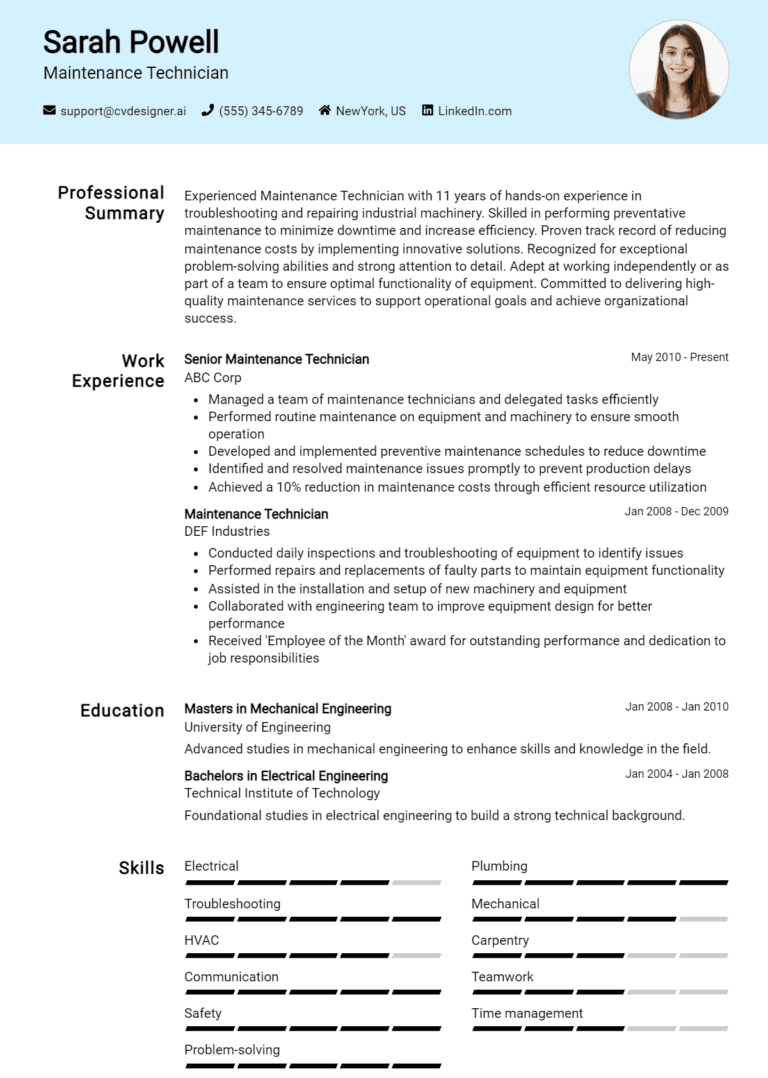 25 General Maintenance Worker Resume - Maintenance Technician Resume Example 1 768x1078 