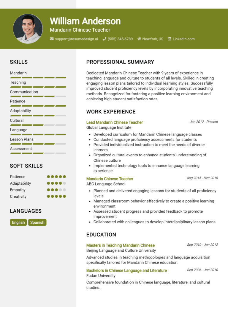 10 Mandarin Chinese Teacher Resume Examples And Templates for 2025