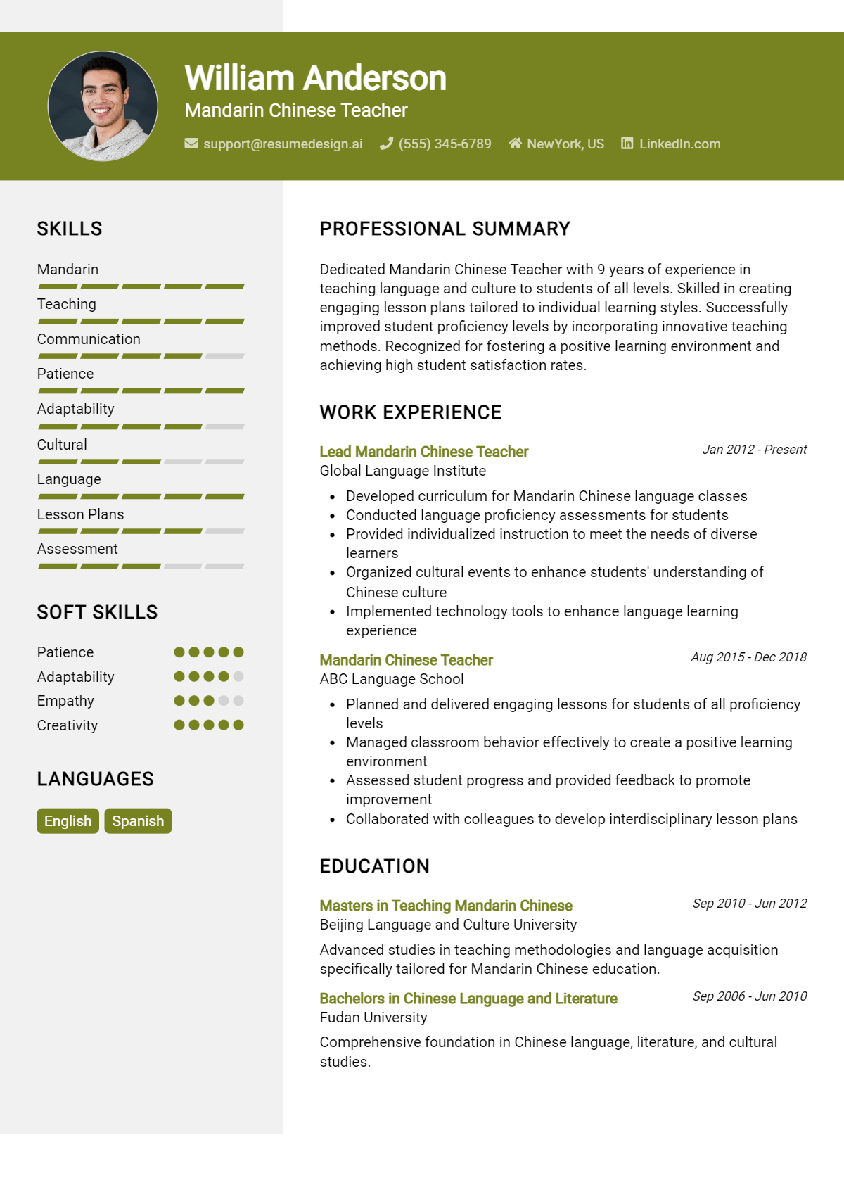 Mandarin Chinese Teacher Resume Example