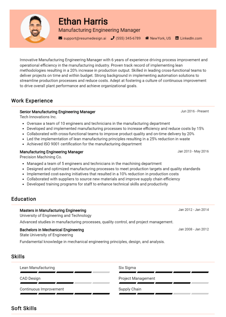 Manufacturing Engineering Manager Resume Example