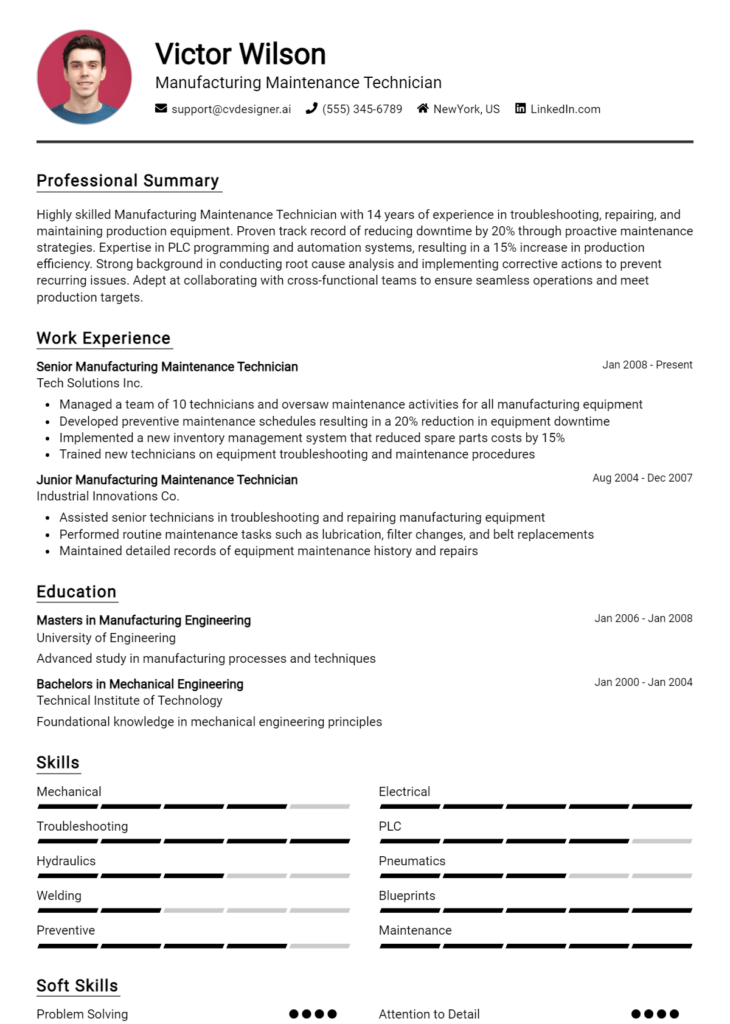 Manufacturing Maintenance Technician Resume Example