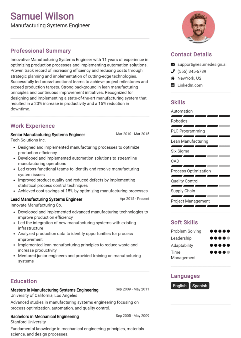 18 Manufacturing Systems Engineer Resume Examples And Templates for 2025