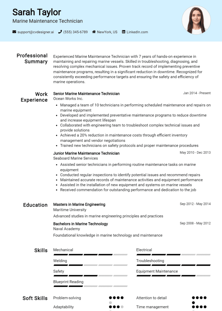 14 Marine Maintenance Technician Resume Examples And Templates for 2025