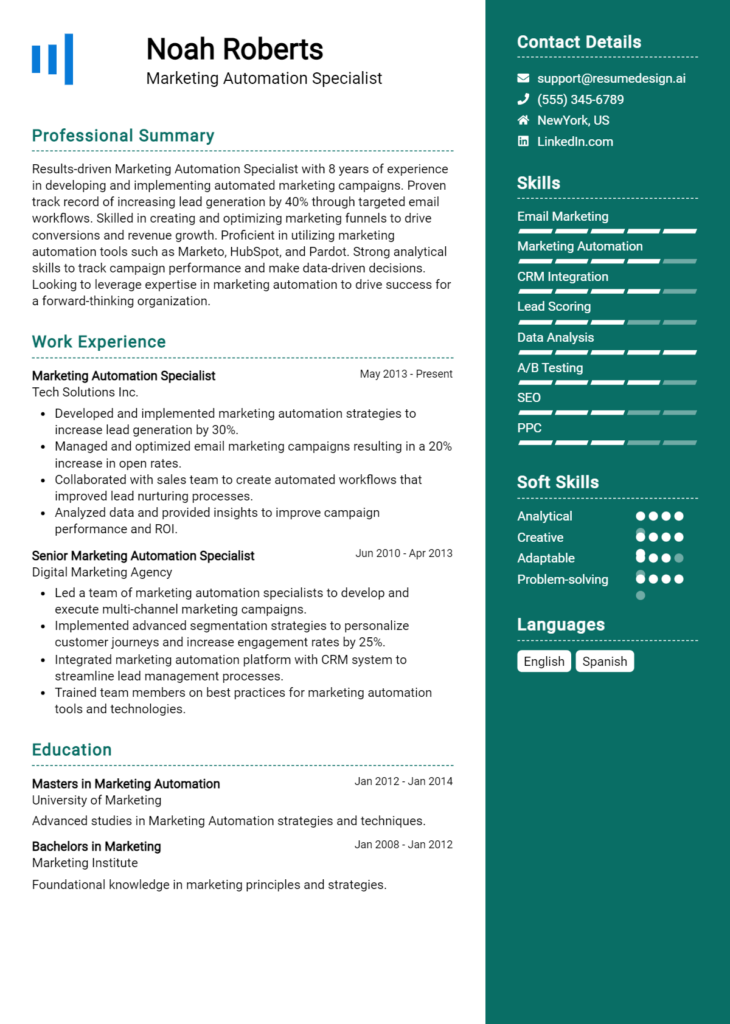 Marketing Automation Specialist Resume Example