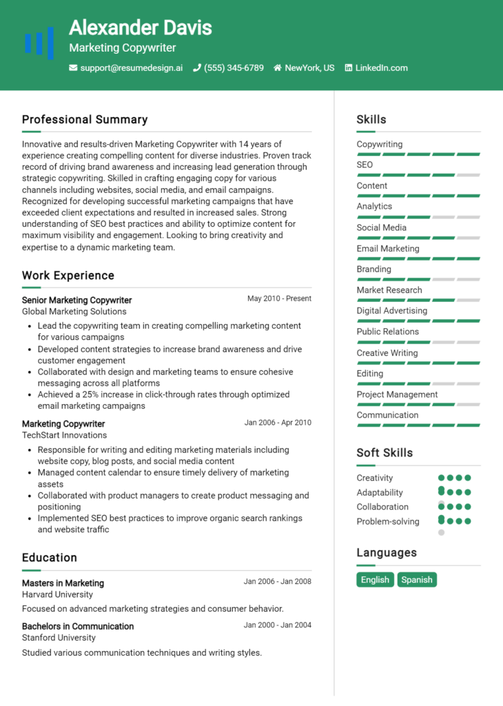 Marketing Copywriter Resume Example