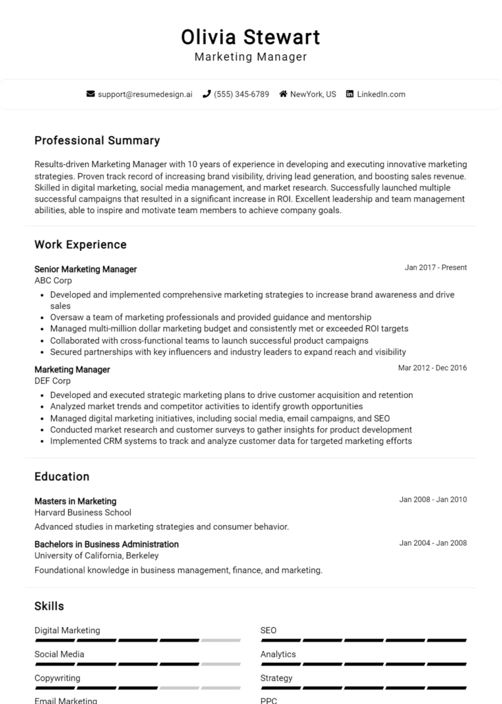 Marketing Manager Resume Example