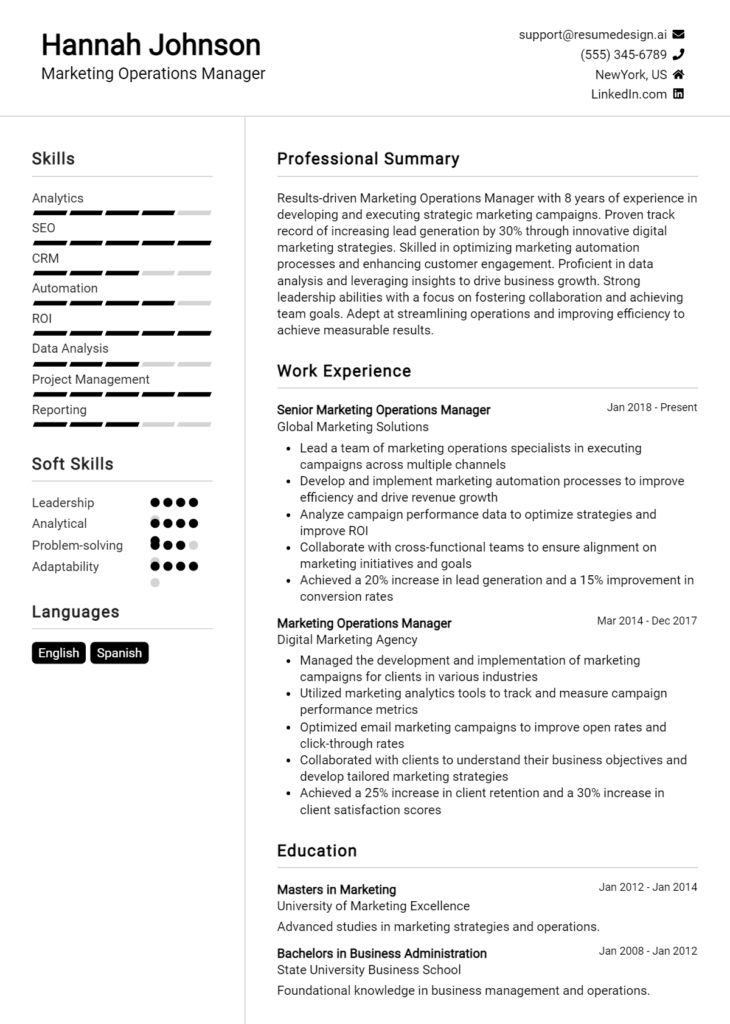 Marketing Operations Manager Resume Example