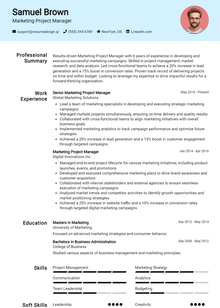 Marketing Project Manager Resume Example