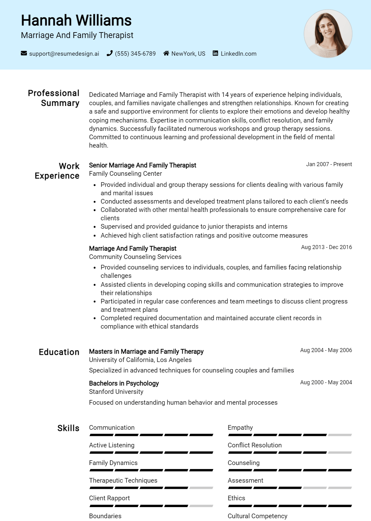 Marriage And Family Therapist Resume Example