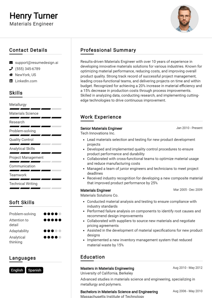 Materials Engineer Resume Example