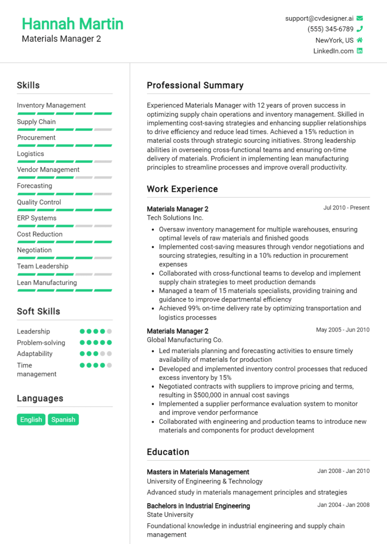 9 Materials Manager Resume Examples And Templates for 2025
