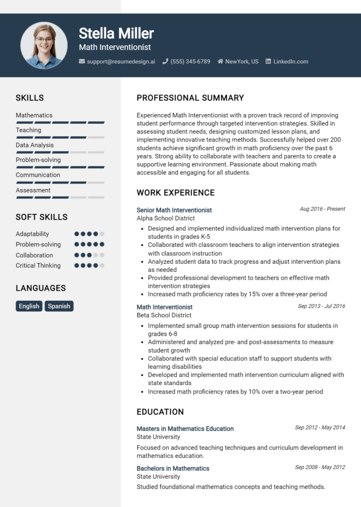 Math Interventionist Resume Example