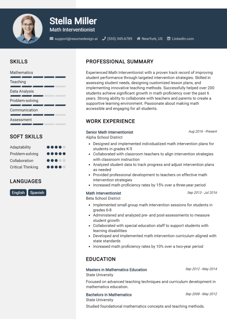16 Math Interventionist Resume Examples And Templates for 2025