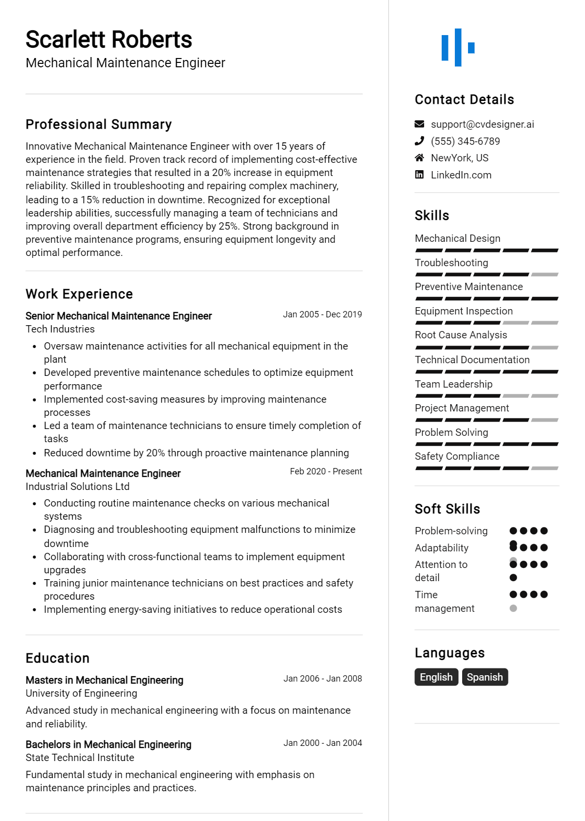 Mechanical Maintenance Engineer Resume Example