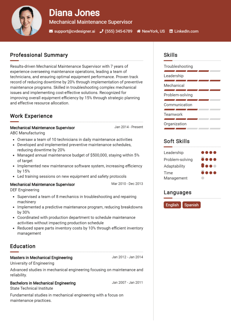 21 Mechanical Maintenance Supervisor Resume Examples And Templates for 2025: Top Tips