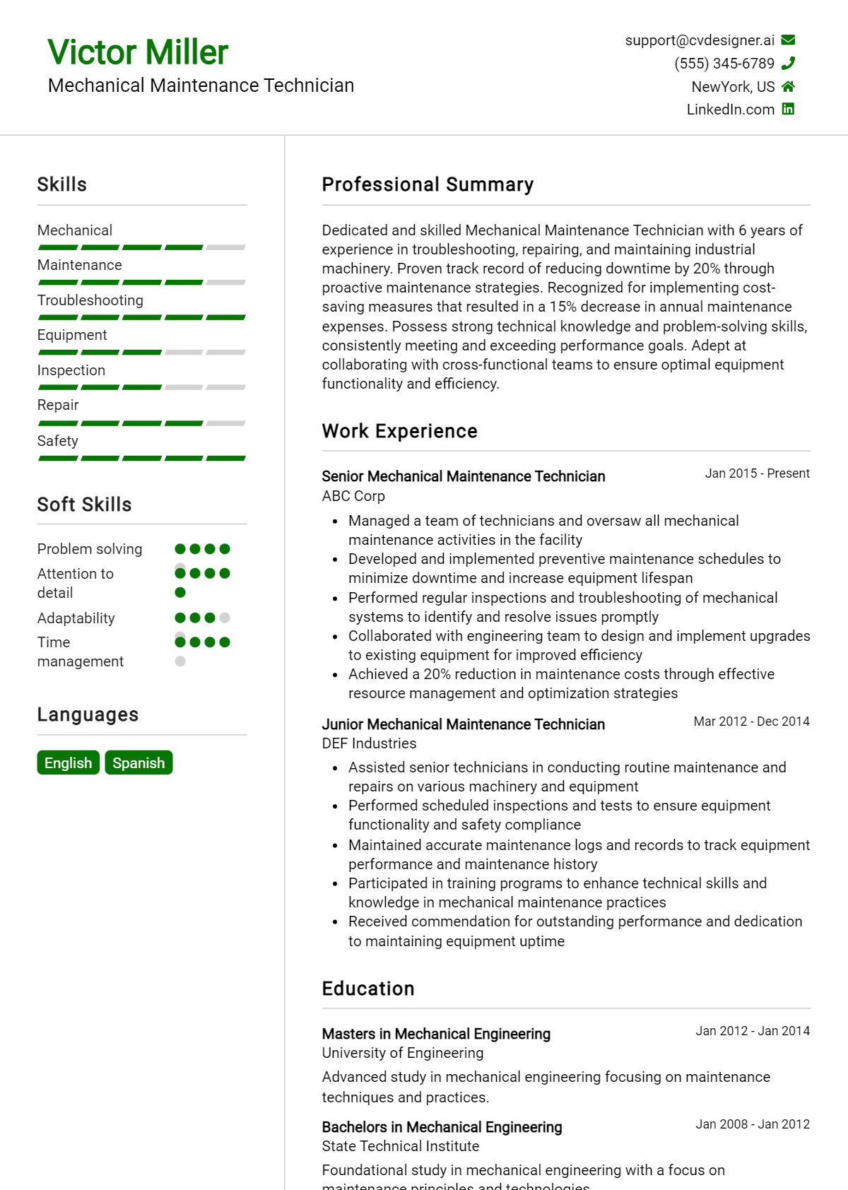 Mechanical Maintenance Technician Resume Example