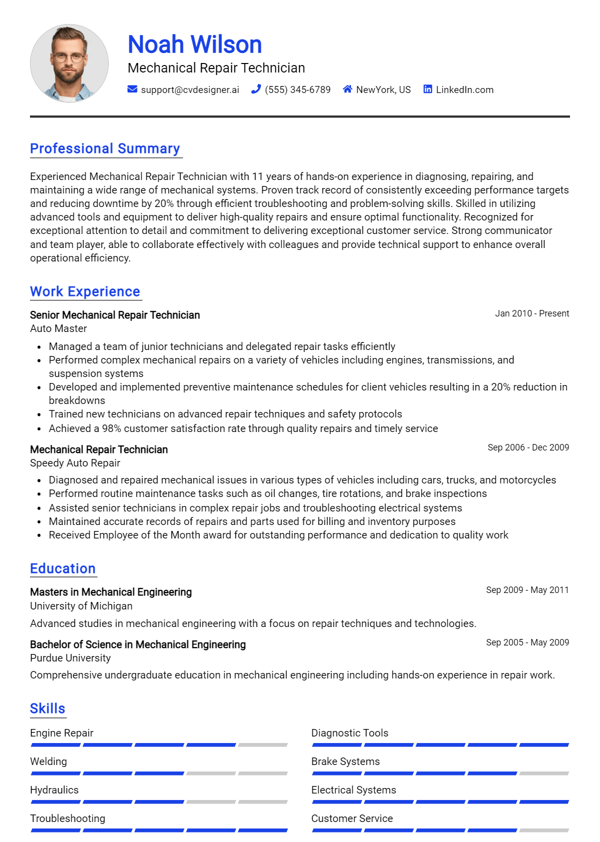 Mechanical Repair Technician Resume Example