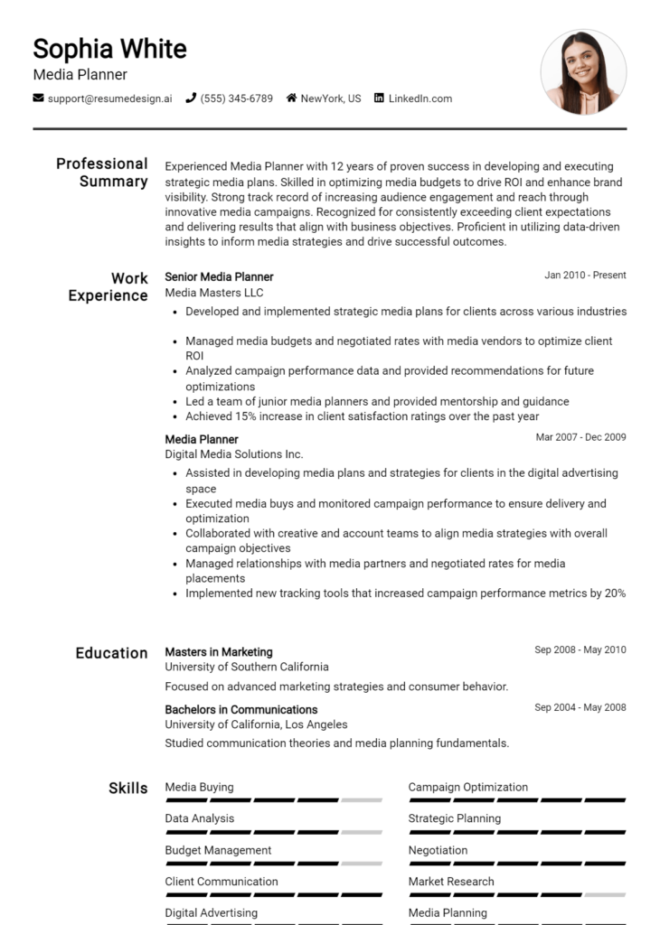 Media Planner Resume Example