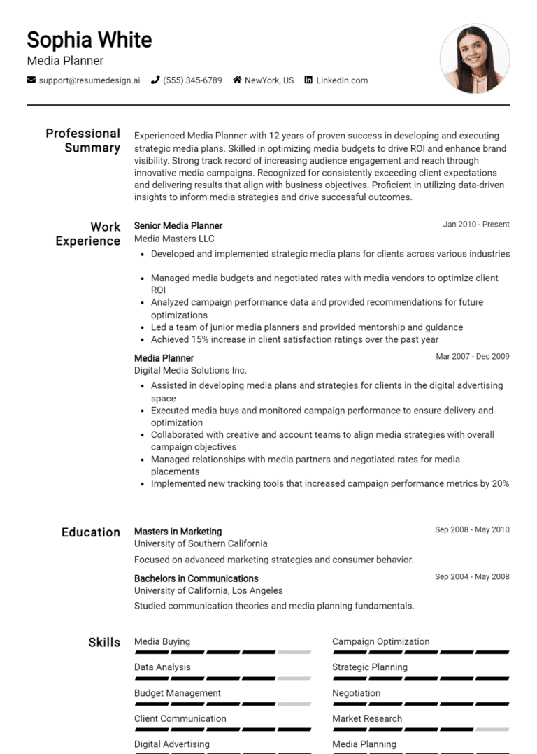 20 Media Planner Resume Examples And Templates for 2025: Best Tips