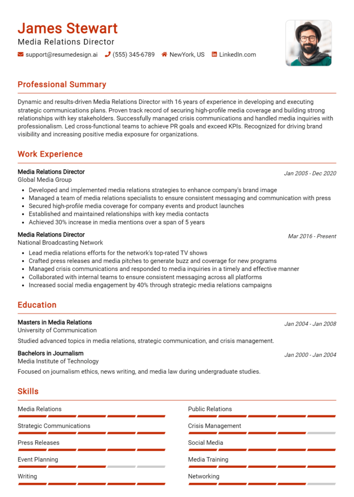 Media Relations Director Resume Example