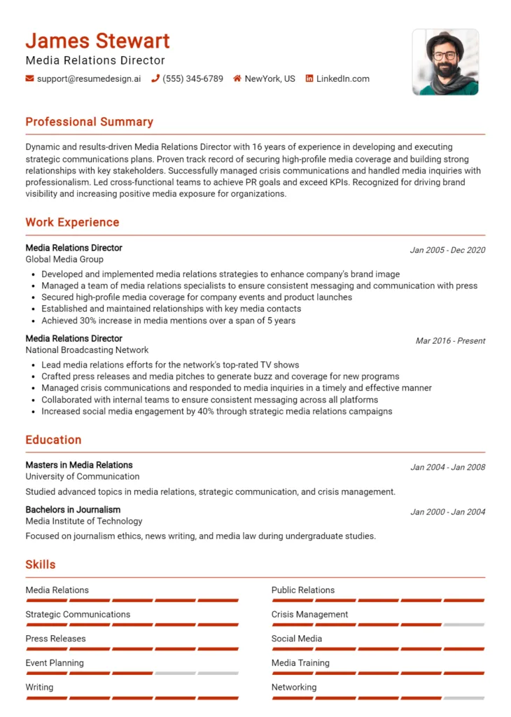 Media Relations Director Resume Example