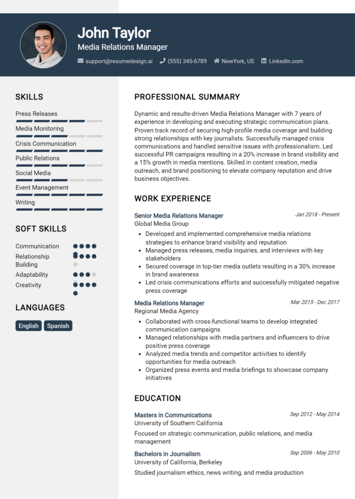 Media Relations Manager Resume Example