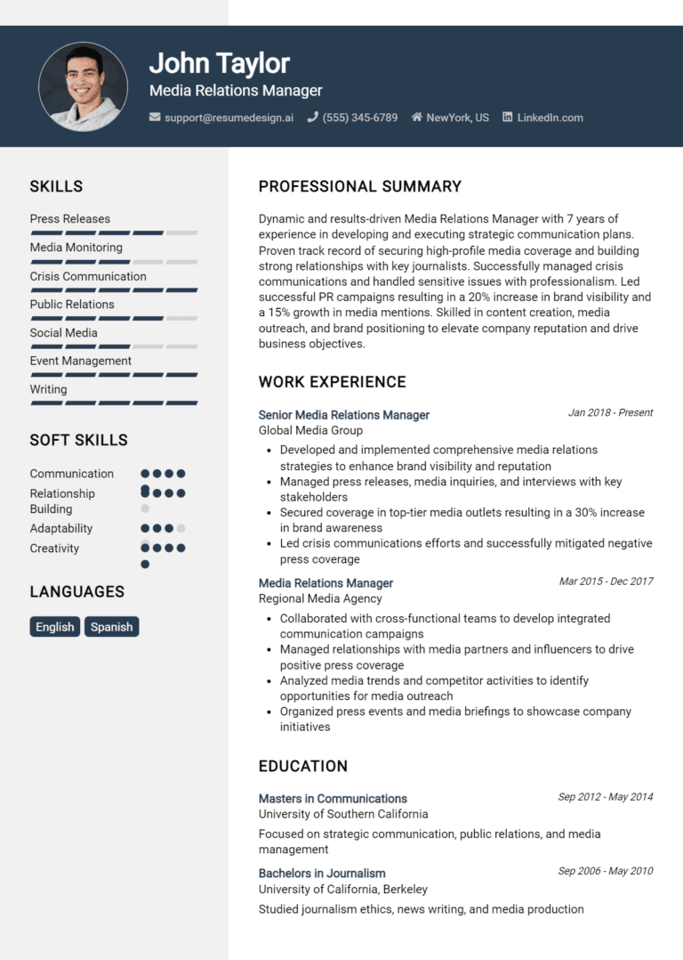 20 Media Relations Manager Resume Examples And Templates for 2025