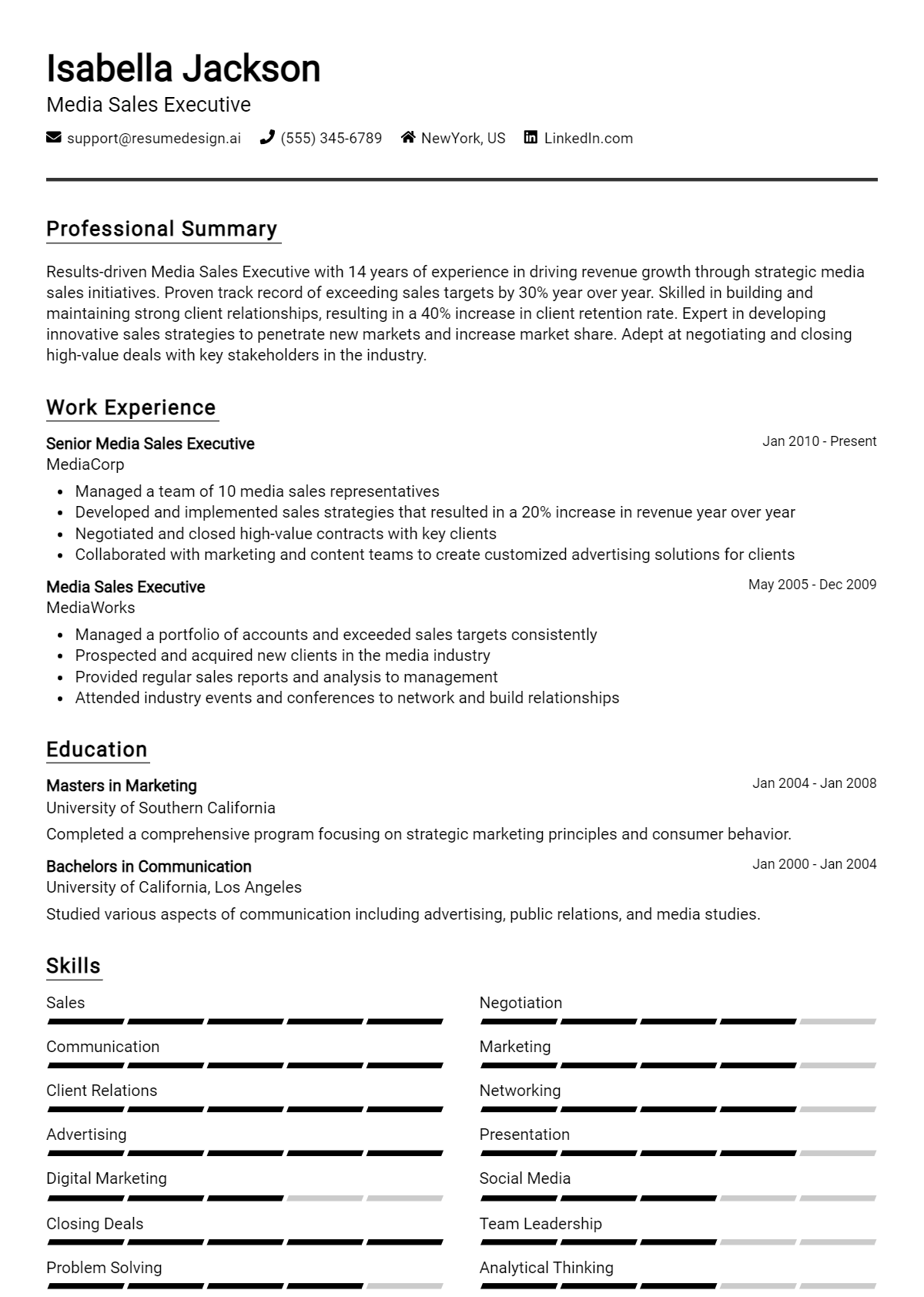 Media Sales Executive Resume Example