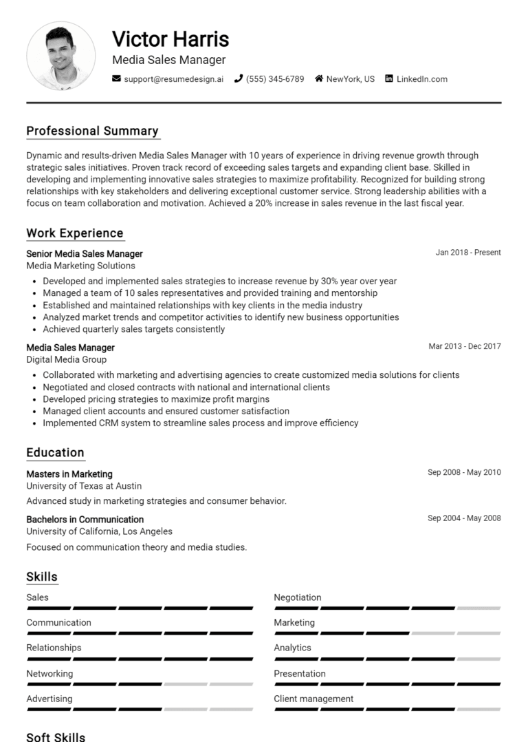20 Media Sales Manager Resume Examples And Templates for 2025