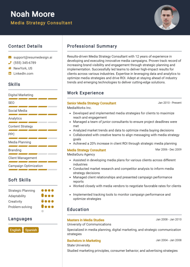 Media Strategy Consultant Resume Example