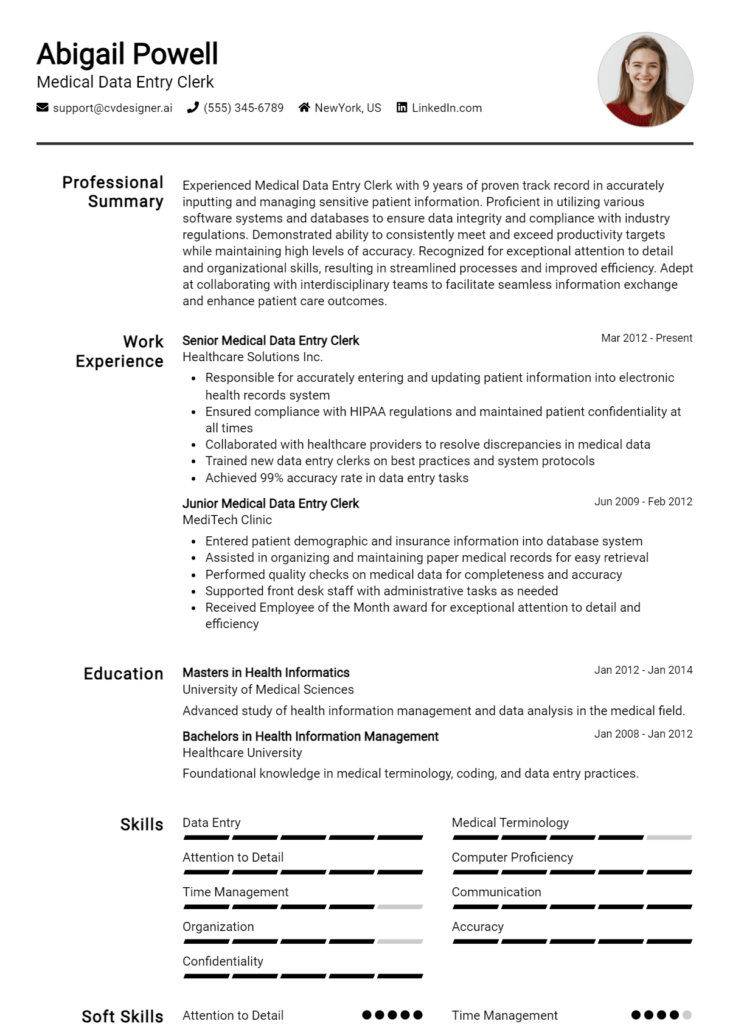 Medical Data Entry Clerk Resume Example