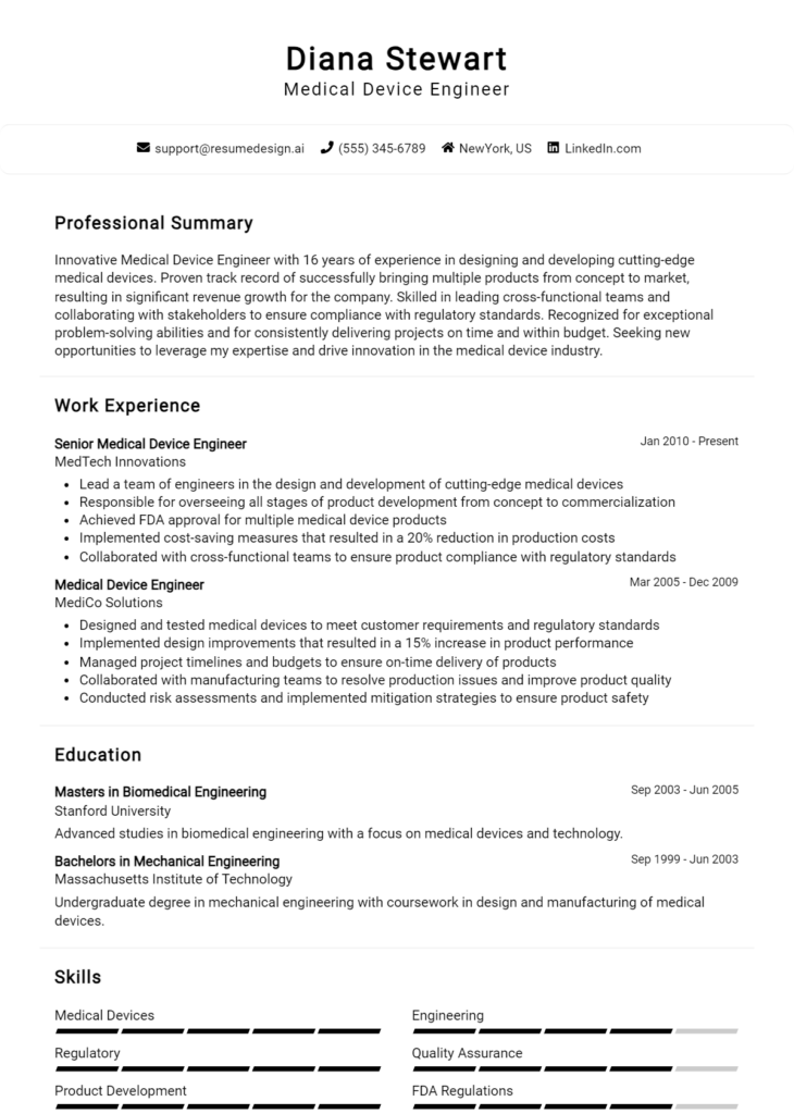 Medical Device Engineer Resume Example