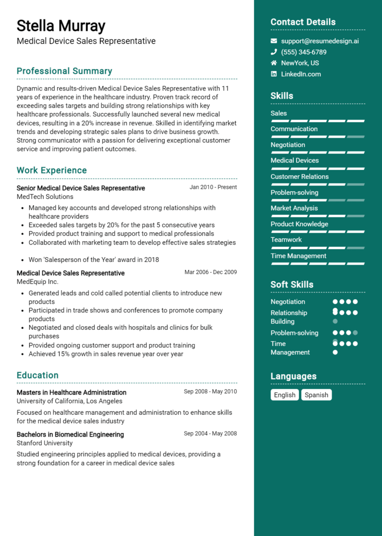 30 Medical Device Sales Representative Resume Examples And Templates for 2025